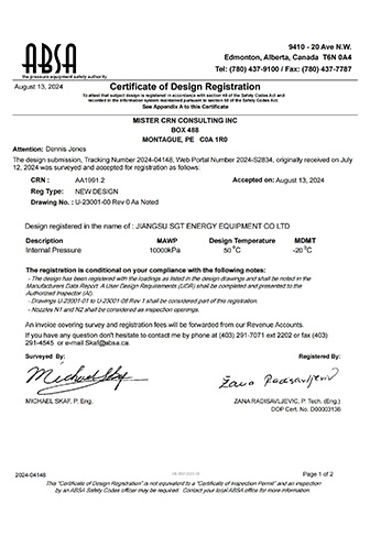 Canadian Registration Number (CRN) Certificate for Pressure Vessels