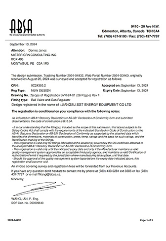 CRN Registration Certificate for Pressure Regulators