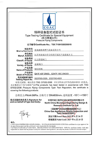 Metal Valve Type Test Certificate
